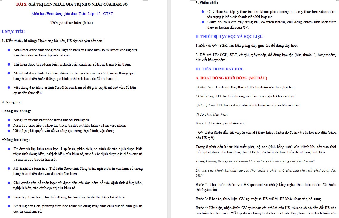 Giáo án Bài 2 Chương 1 Toán 12 Chân trời sáng tạo