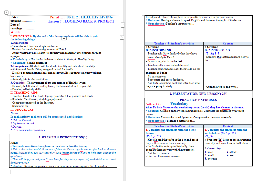 Tiếng Anh 7 Unit 2: Looking Back