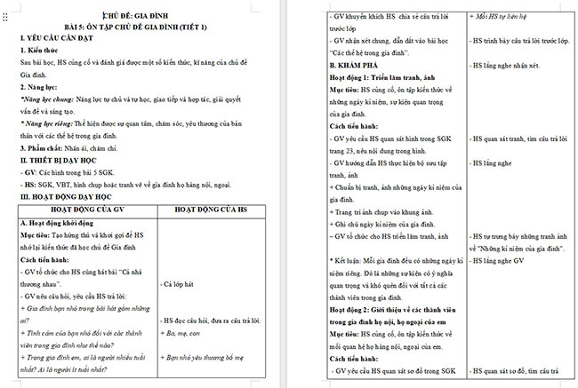 Giáo án Tự nhiên và xã hội 3 Ôn tập chủ đề gia đình