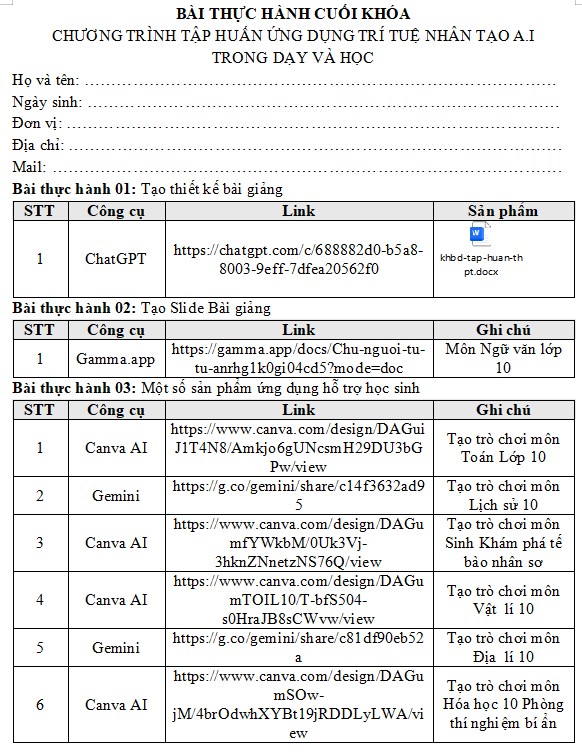 Mẫu bài thu hoạch tập huấn giáo viên ứng dụng AI