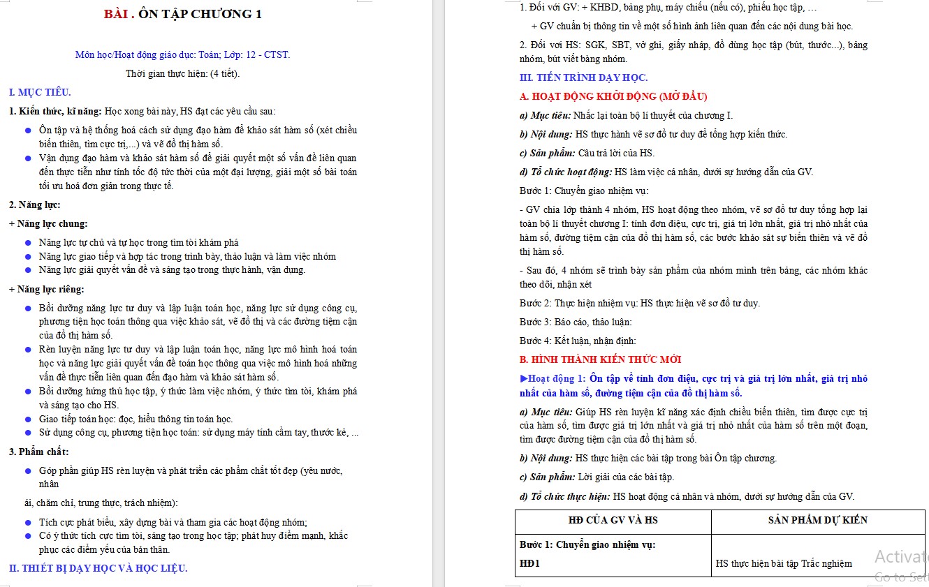 Giáo án Bài tập cuối chương I Toán 12 Chân trời sáng tạo