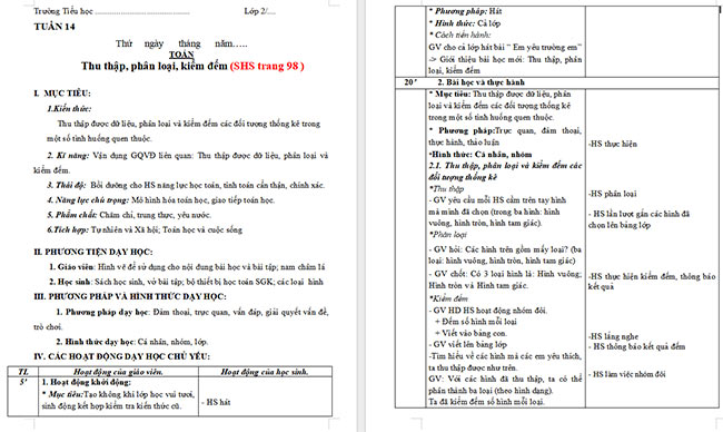 Giáo án Toán 2: Thu thập, phân loại, kiểm đếm