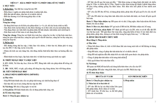 Giáo án Toán 6 Bài 4: Phép nhân, phép chia các số tự nhiên
