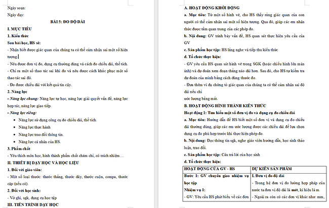 Giáo án Khoa học tự nhiên 6 Bài 5: Đo chiều dài