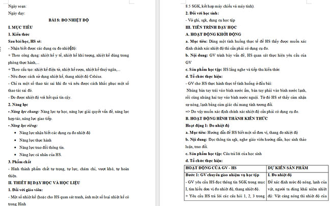 Giáo án Khoa học tự nhiên 6 Bài 8: Đo nhiệt độ