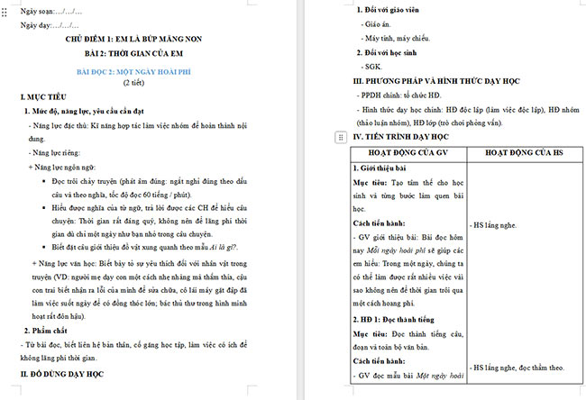 Giáo án Tiếng Việt 2 Một ngày hoài phí