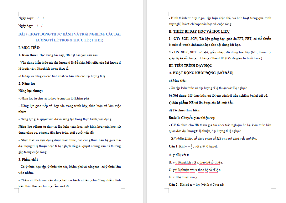 Các đại lượng tỉ lệ trong thực tế