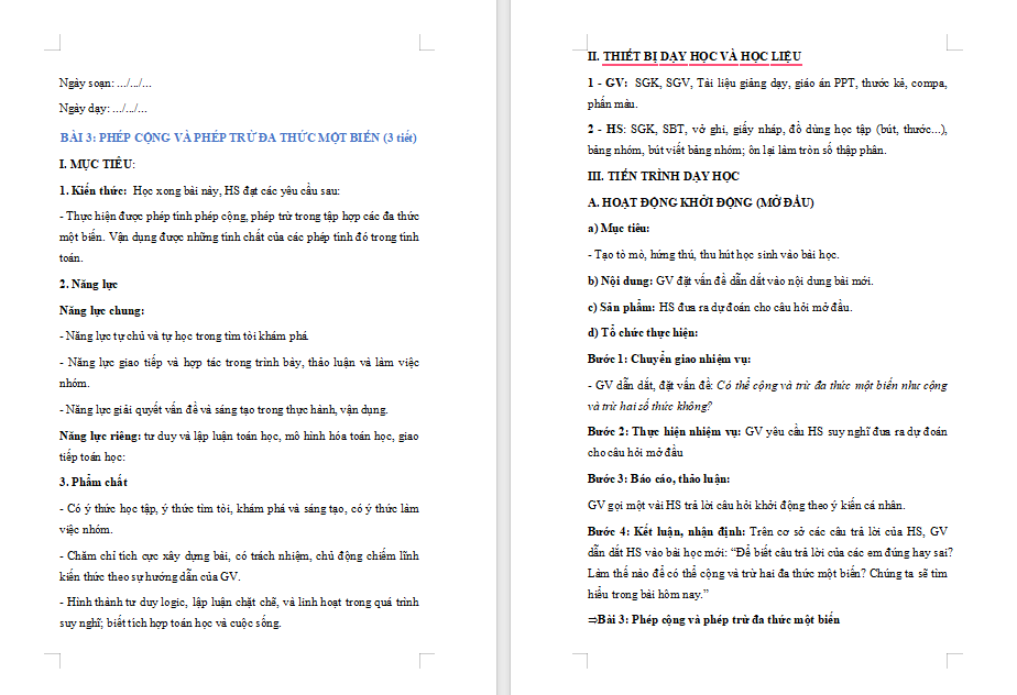 Phép cộng và phép trừ đa thức một biến