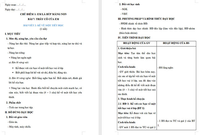 Giáo án Tiếng Việt 2 Viết về một tiết học em thích