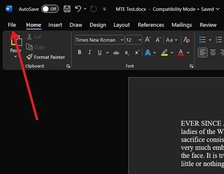 Nhấp vào File trong menu ribbon Word.