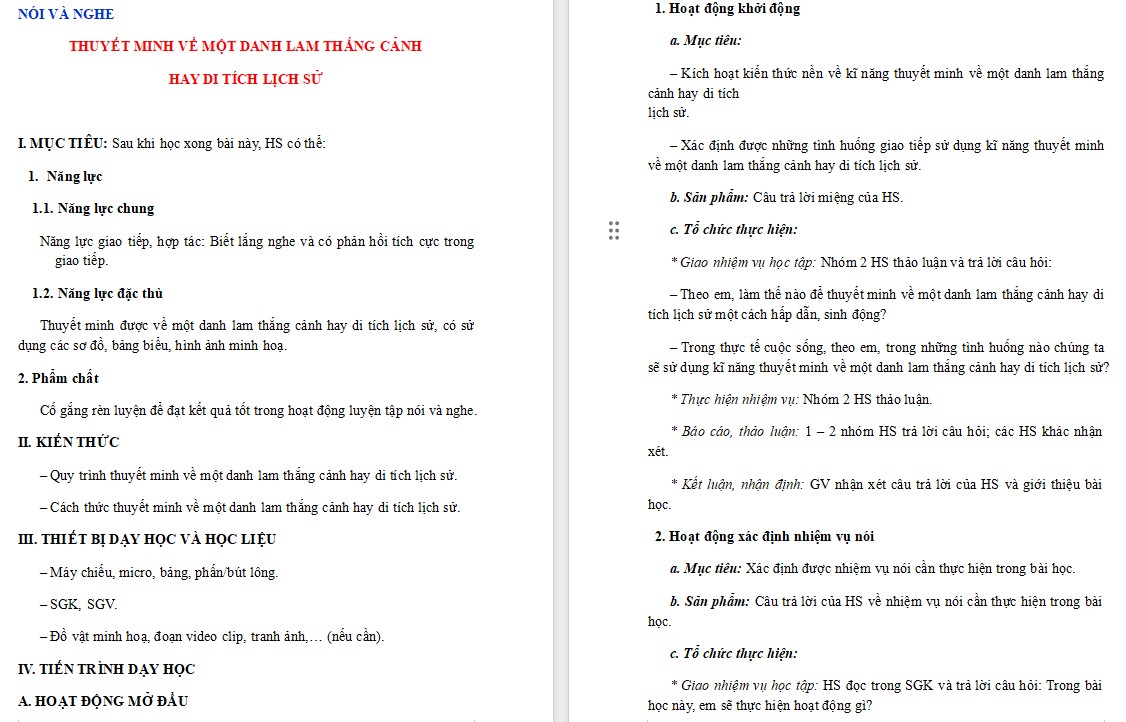 Giáo án Bài Thuyết minh về một danh lam thắng cảnh hay di tích lịch sử Ngữ văn 9 CTST 