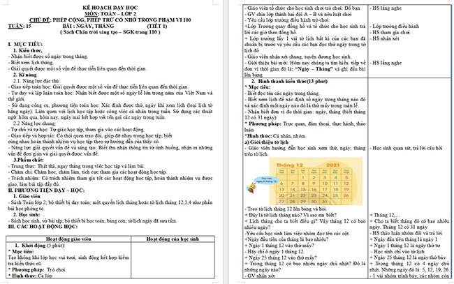Giáo án Toán 2: Ngày, tháng