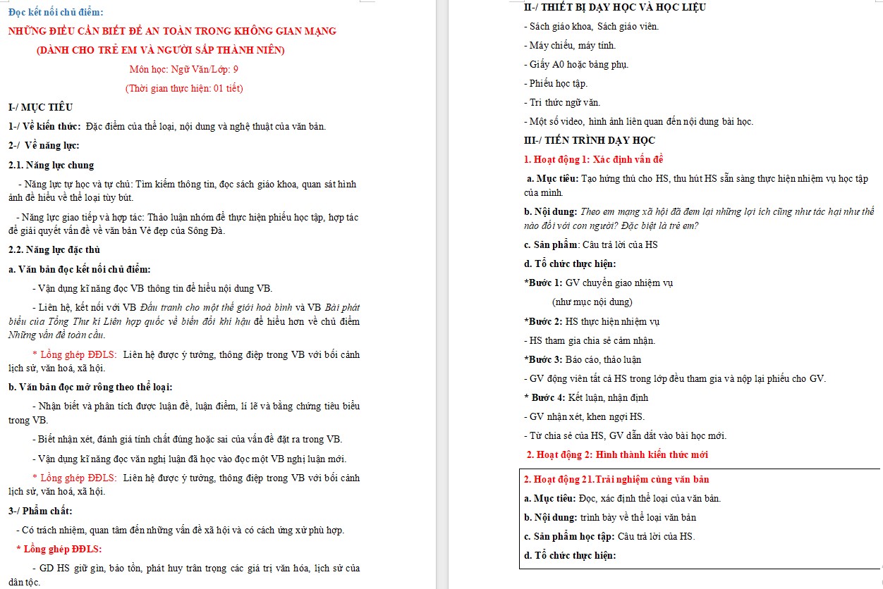 KHBD Ngữ văn 9 Bài Những điều cần biết để an toàn trong không gian mạng CTST 