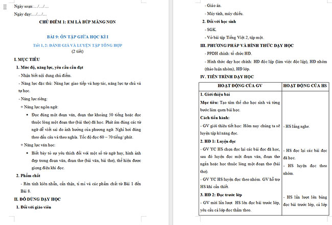 Giáo án Tiếng Việt 2 Ôn tập giữa học kì 1 Tiết 1, 2