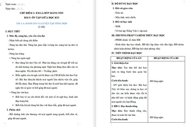 Giáo án Tiếng Việt 2 Ôn tập giữa học kì 1 Tiết 3, 4