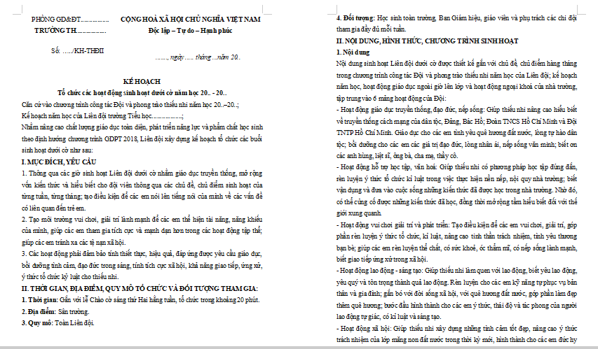 Kế hoạch tổ chức sinh hoạt dưới cờ trường Tiểu học