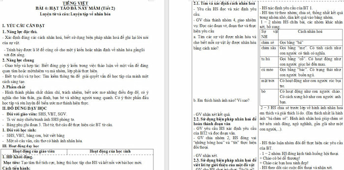 Giáo án Tiếng Việt 4 Luyện tập về nhân hoá