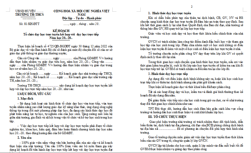 Kế hoạch dạy học trực tuyến THCS