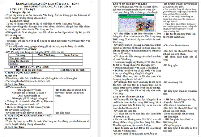 Giáo án Lịch sử - Địa lí 5 Nước Văn Lang, Âu Lạc