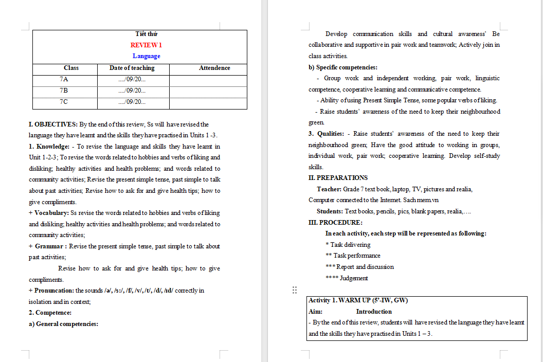 Tiếng Anh 7 Review 1: Language