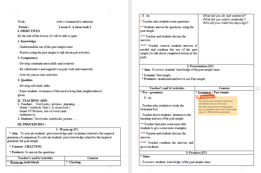 Tiếng Anh 7 Unit 3: A Closer Look 2