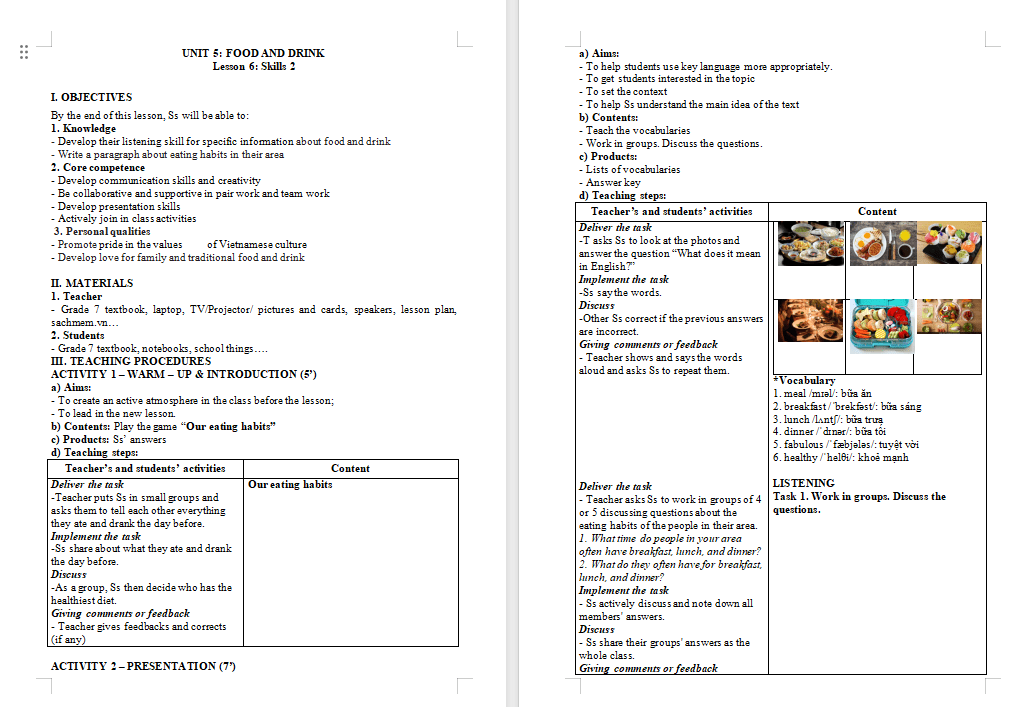 Giáo án PowerPoint Tiếng Anh 7 Unit 5: Skills 2