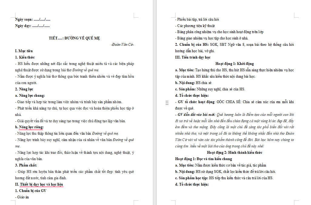 Ngữ văn 8 Bài 2: Đường về quê mẹ