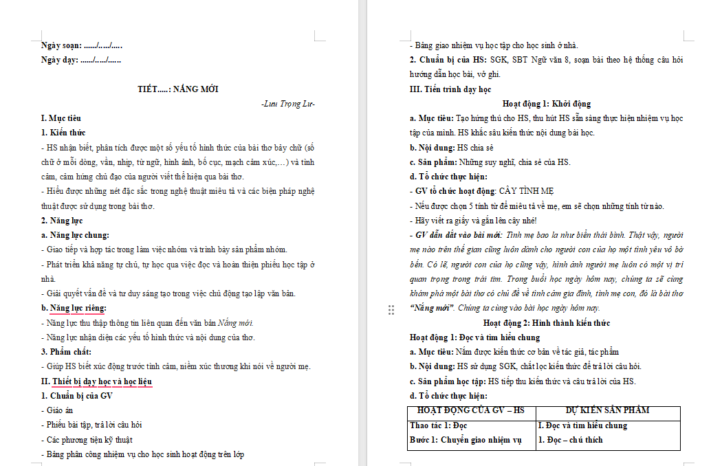 Ngữ văn 8 Bài 2: Nắng mới