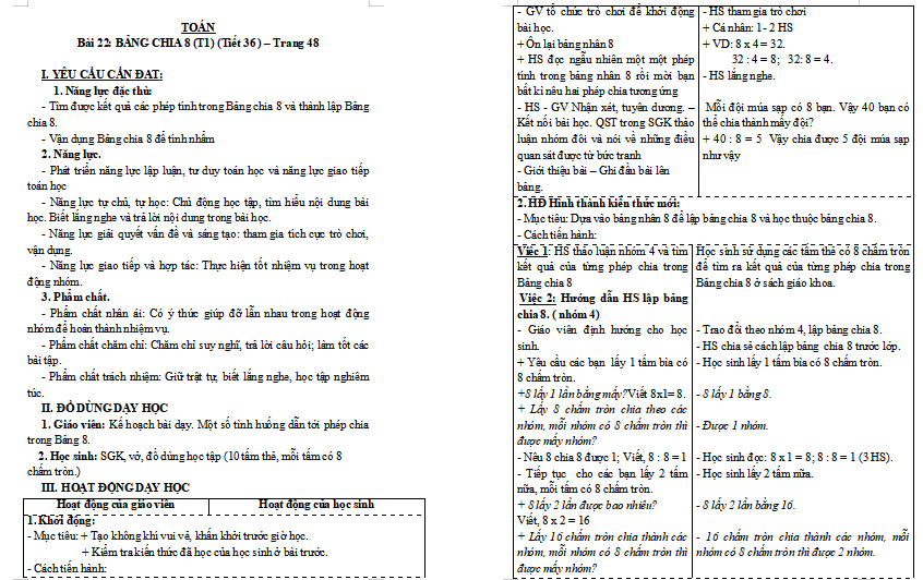 Giáo án Toán 3: Bảng chia 8