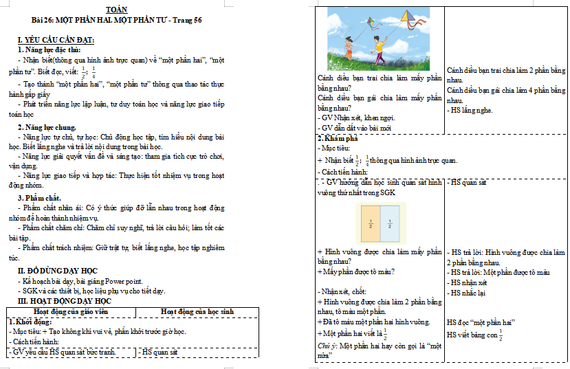 Giáo án Toán 3: Một phần hai. Một phần tư