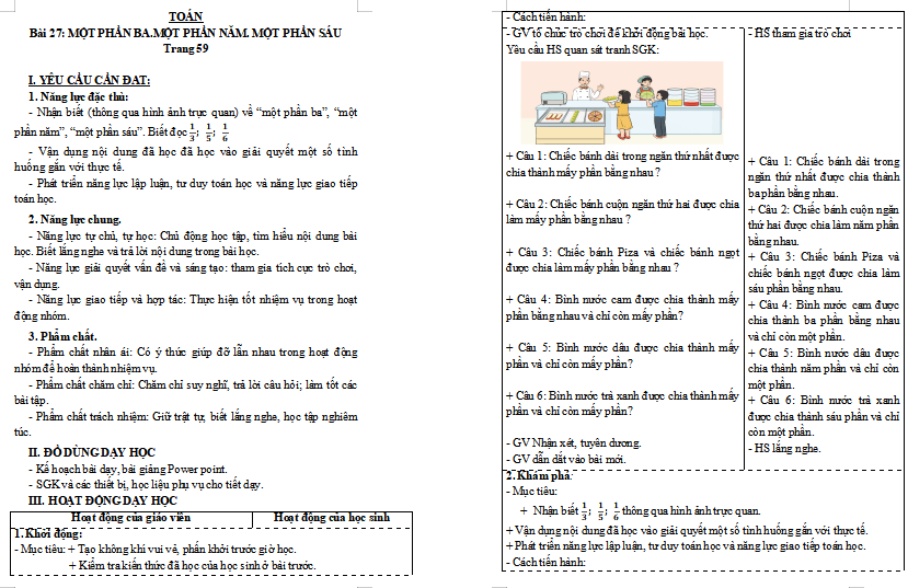 Giáo án Toán 3: Một phần ba. Một phần năm. Một phần sáu