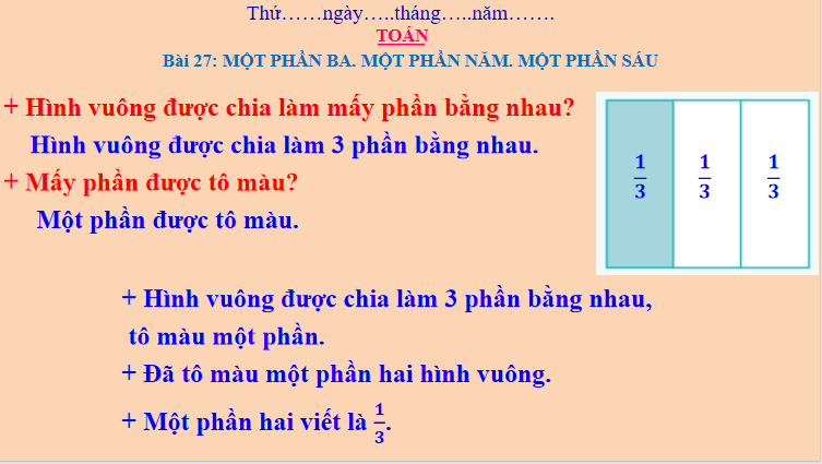Giáo án Toán 3: Một phần ba. Một phần năm. Một phần sáu