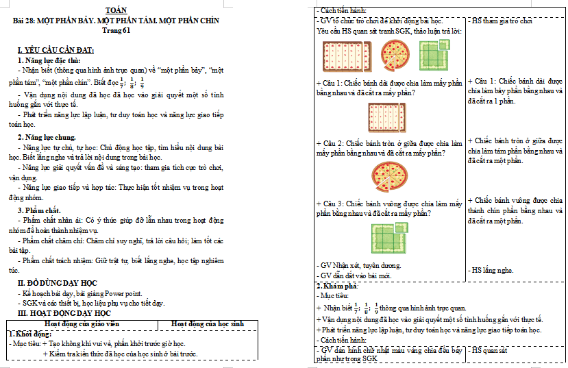 Giáo án Toán 3: Một phần bảy. Một phần tám. Một phần chín