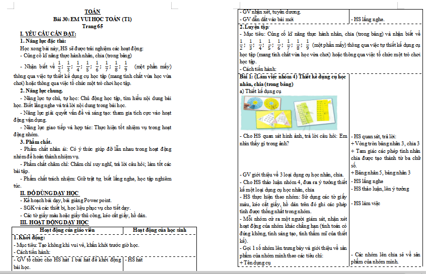Giáo án Toán 3: Em vui học toán trang 65