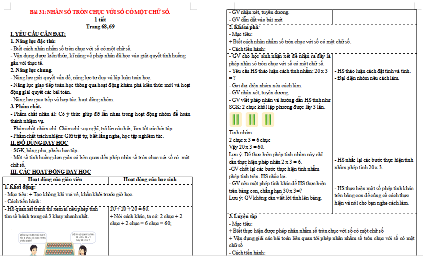 Giáo án Toán 3: Nhân số tròn chục với một chữ số