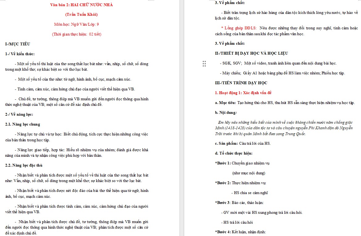 KHBD Ngữ văn 9 Bài Hai chữ nước nhà CTST 