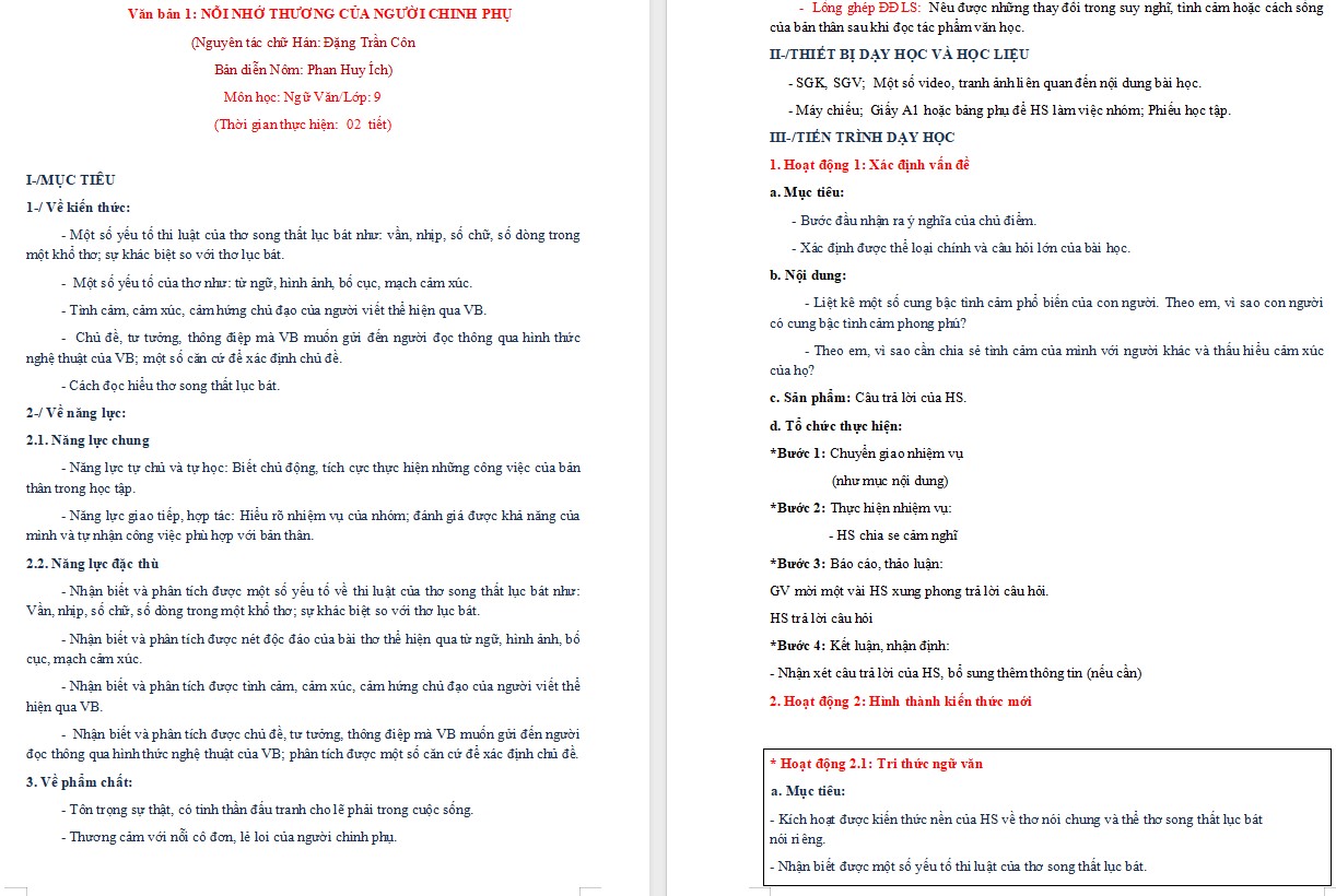 KHBD Ngữ văn 9 Bài Nỗi nhớ thương của người chinh phụ CTST