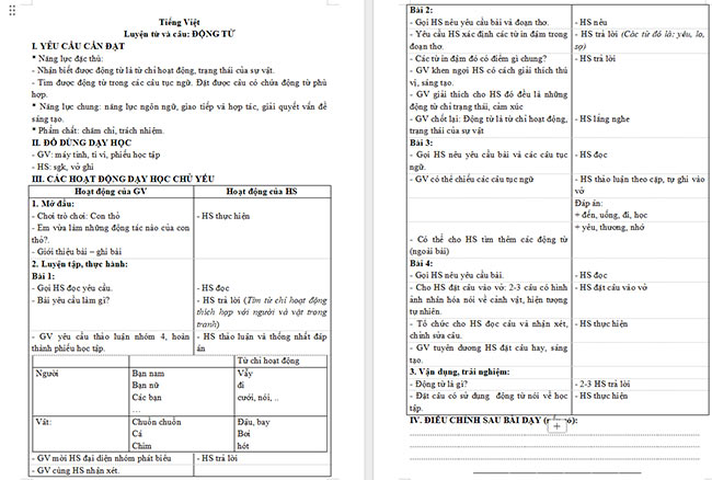 Giáo án Tiếng Việt 4 Động từ