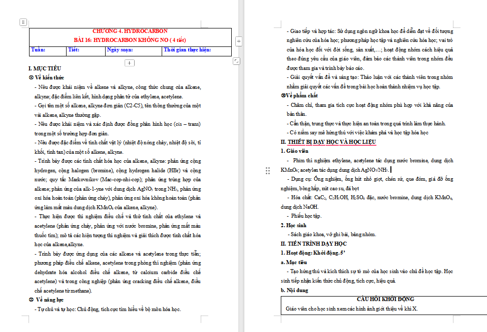 Giáo án Hóa học 11 Bài 16: Hydrocarbon không no