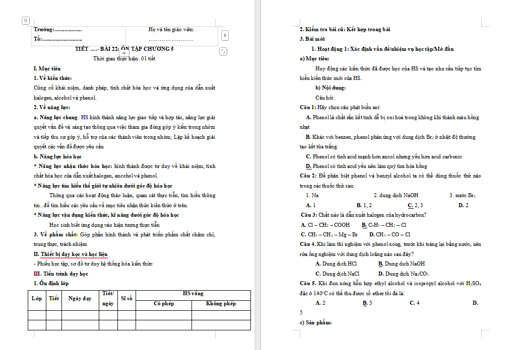 Giáo án Hóa học 11 Bài 22: Ôn tập chương 5