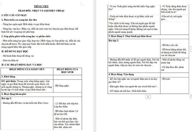 Giáo án Tiếng Việt 3 Trao đổi Nhận và gọi điện thoại