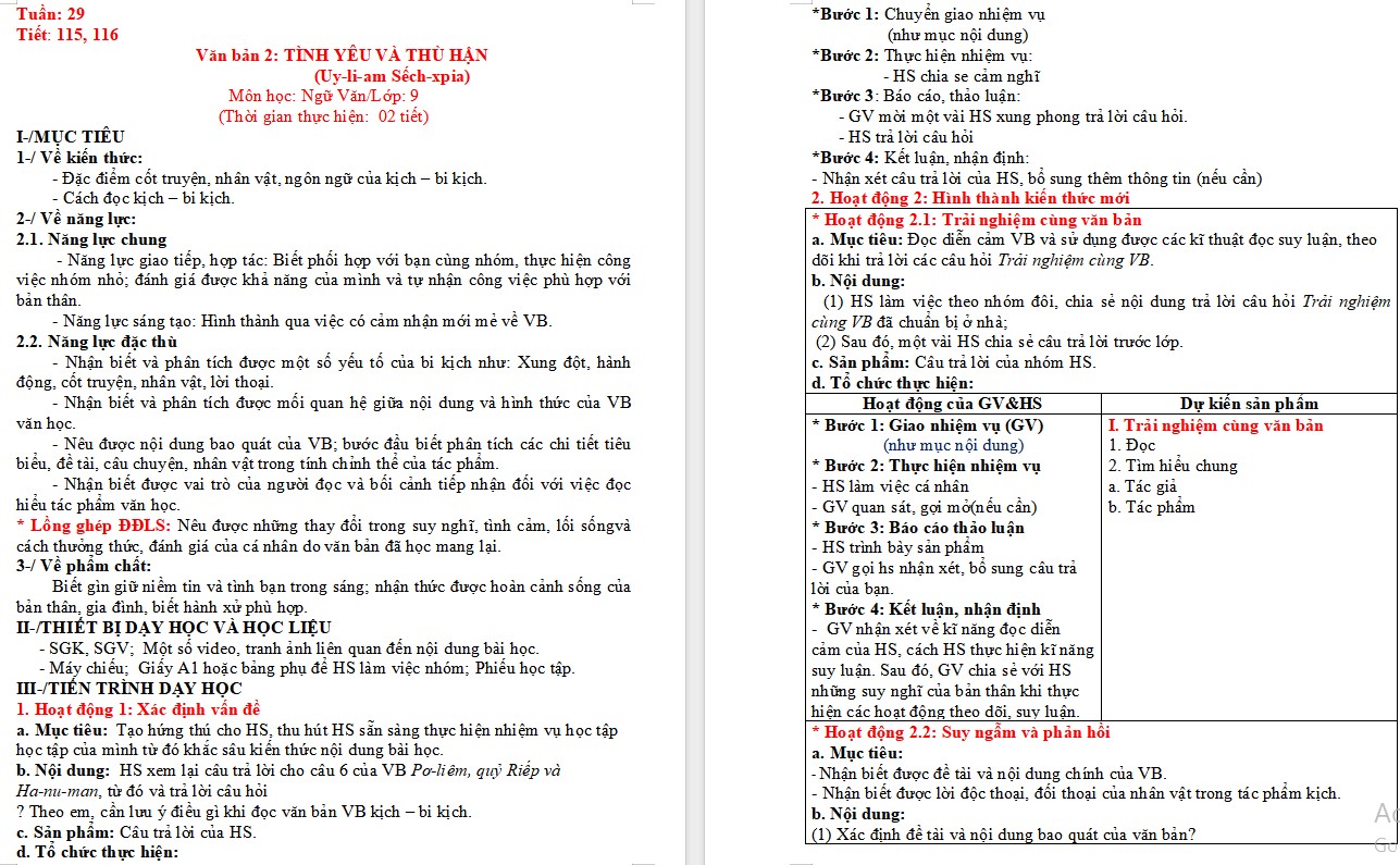 KHBD Ngữ văn 9 Bài Tình yêu và thù hận CTST