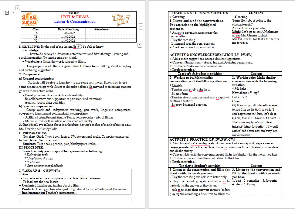 Tiếng Anh 7 Unit 8: Communication 