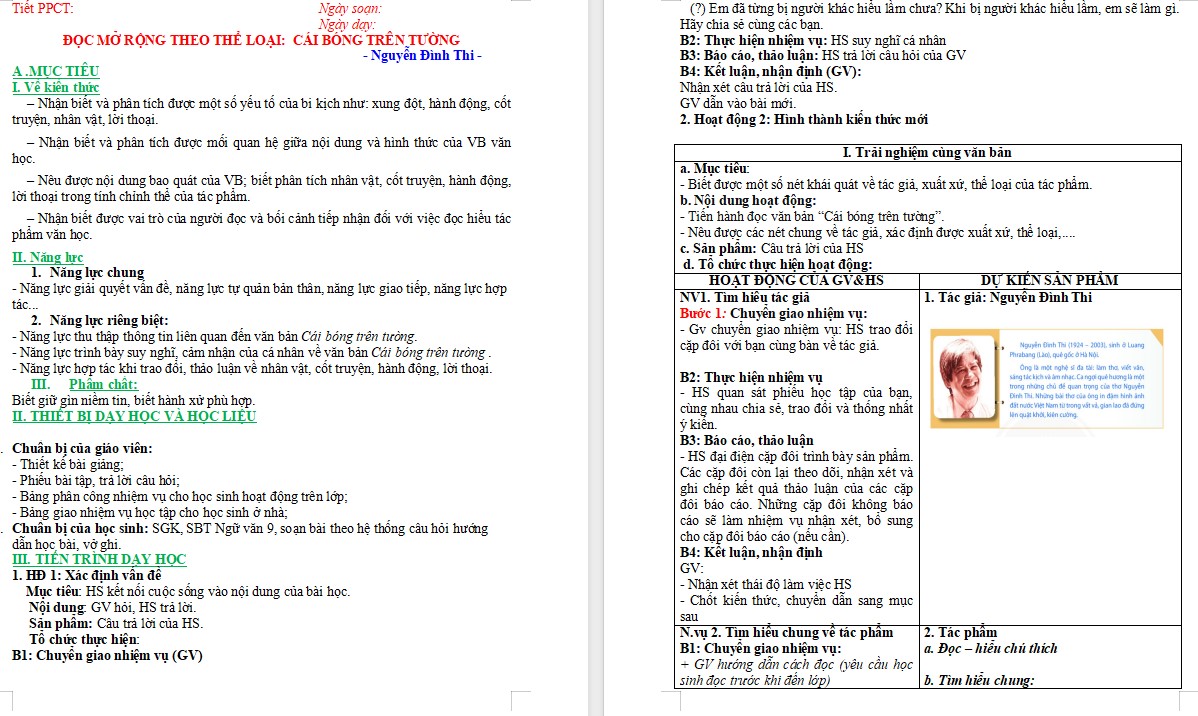 KHBD Ngữ văn 9 Bài Cái bóng trên tường CTST 