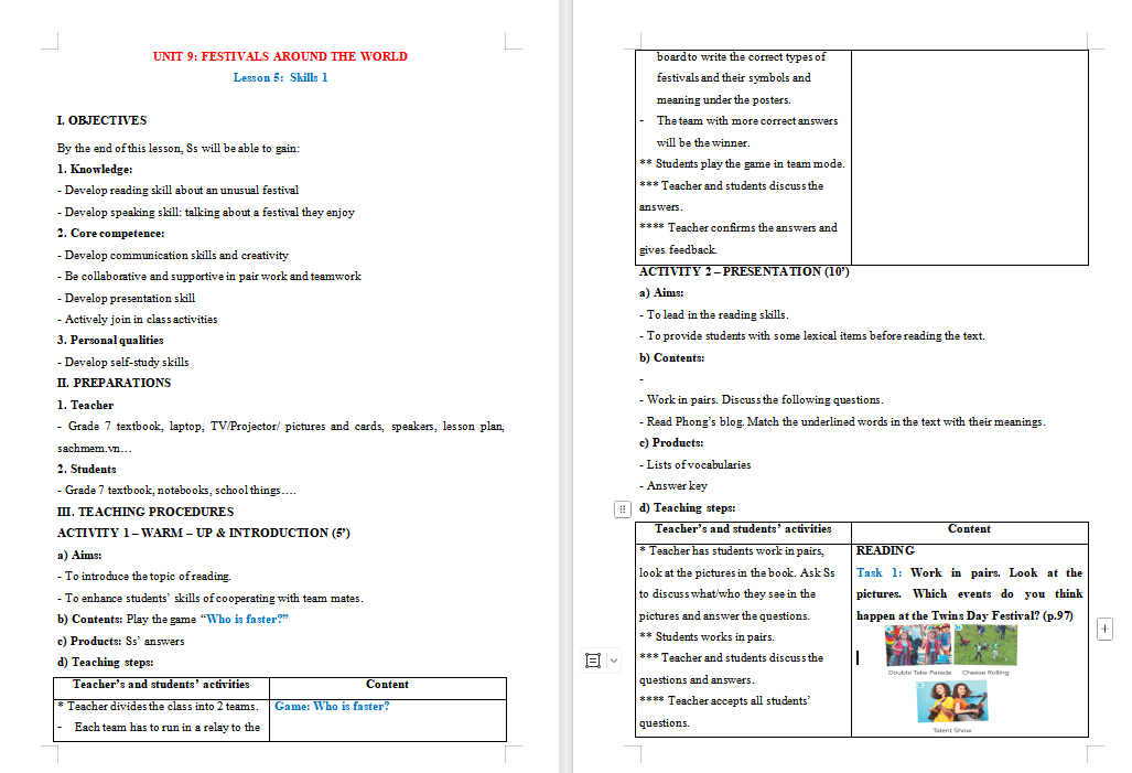 Tiếng Anh 7 Unit 9: Skills 1