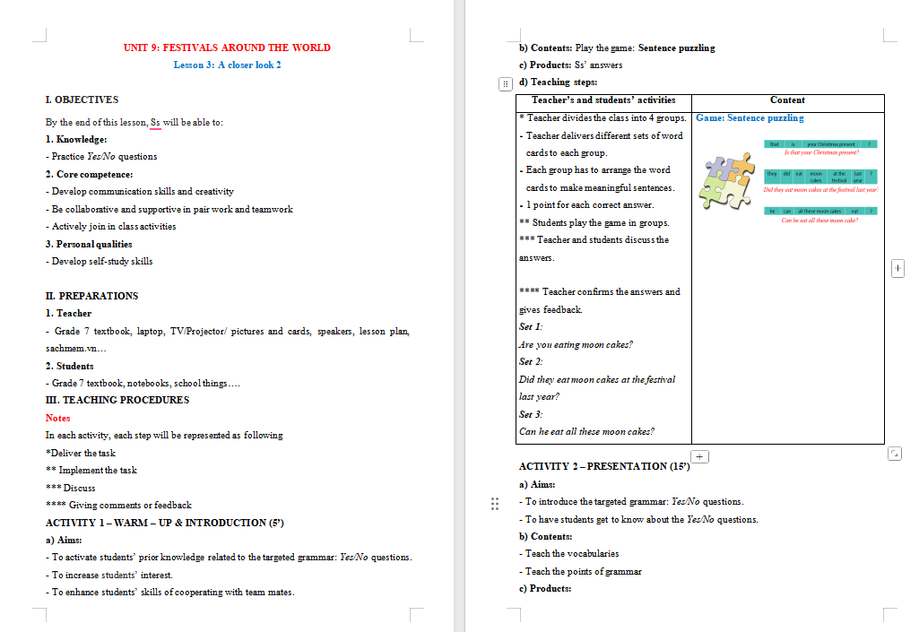 Tiếng Anh 7 Unit 9: A Closer Look 2