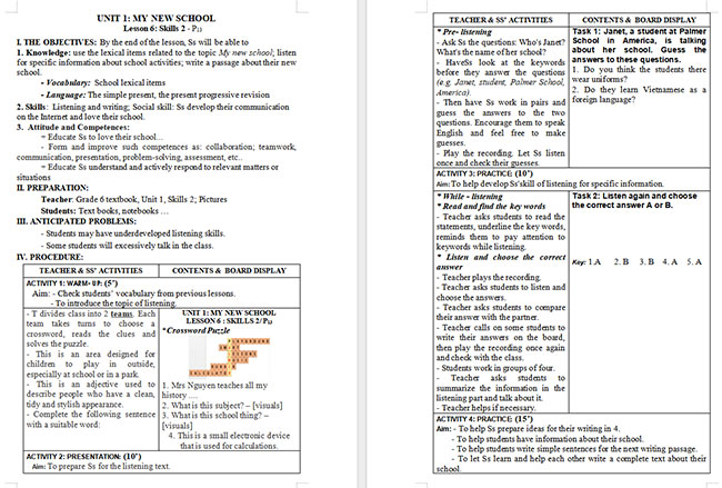 Giáo án Tiếng Anh 6 Unit 1: Skills 2