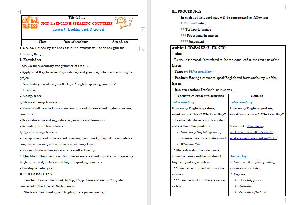 Tiếng Anh 7 Unit 12: Looking Back