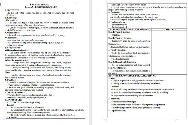 Giáo án Tiếng Anh 6 Unit 2: Looking Back