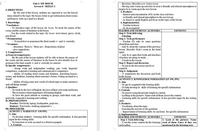 Giáo án Tiếng Anh 6 Unit 2: Skills 2